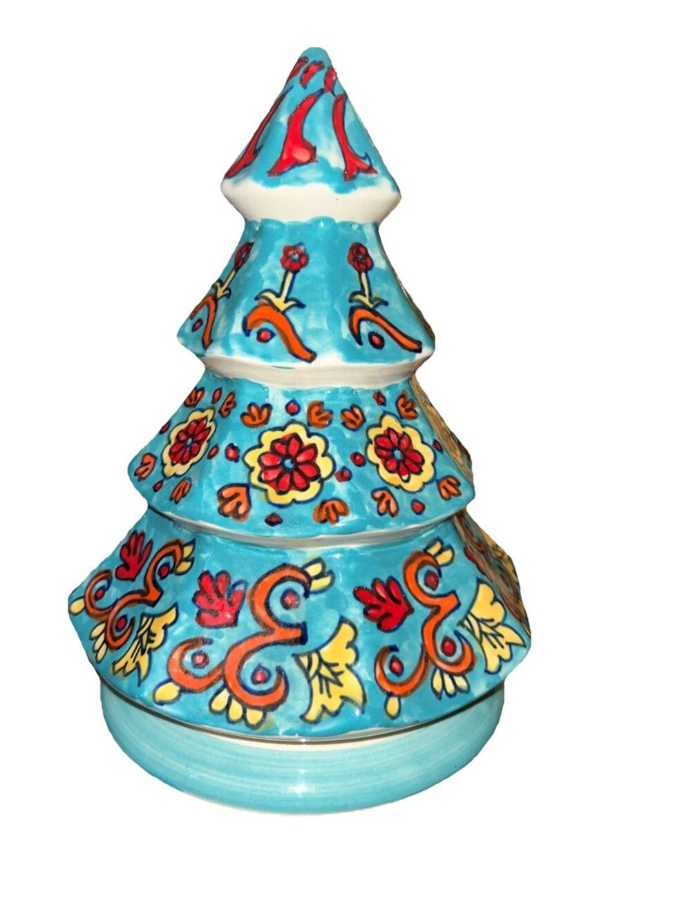 Folk Art Glazed Hand Painted Ceramic Christmas Tree Made In India Blue Floral
